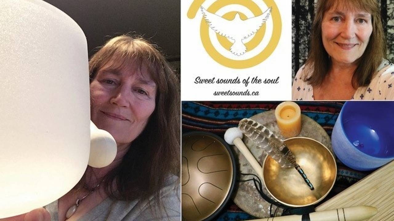 Collage with images with a woman holding a crystal singing bowl, a logo, and more sound healing instruments