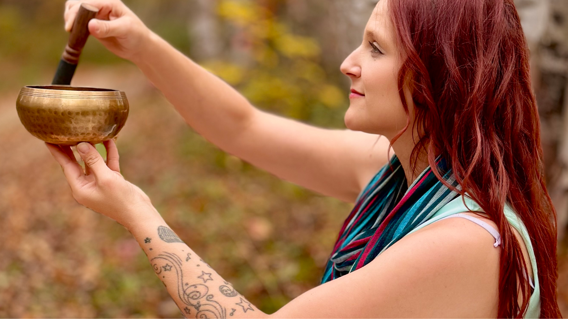 Collage with images with a woman holding a crystal singing bowl, a logo, and more sound healing instruments